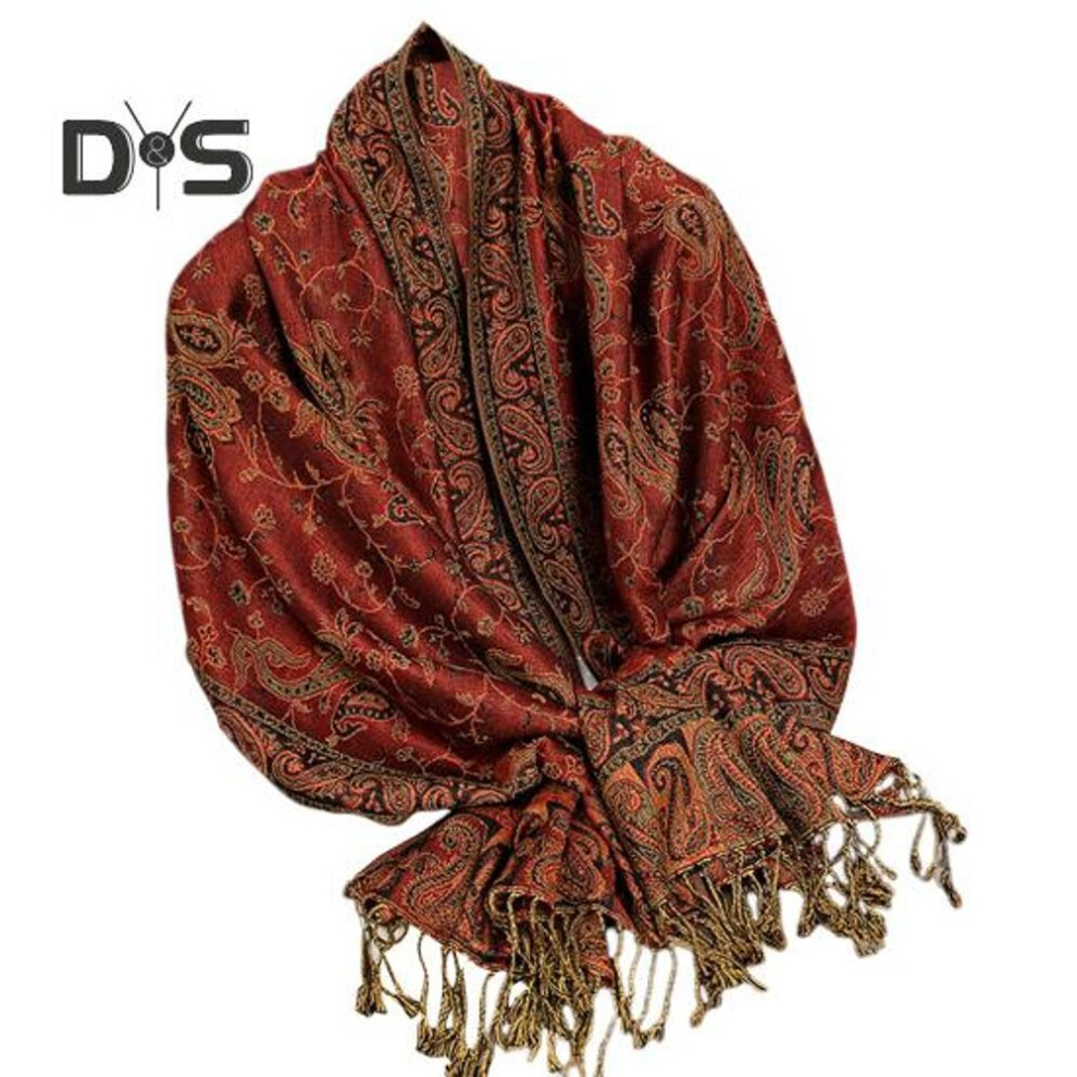 (as the picture, 1) Imitation Cashmere Women Scarf Retro Literary Style Shawl Cashew Jacquard Pattern Tassel Trim Decorative Matching Shawl