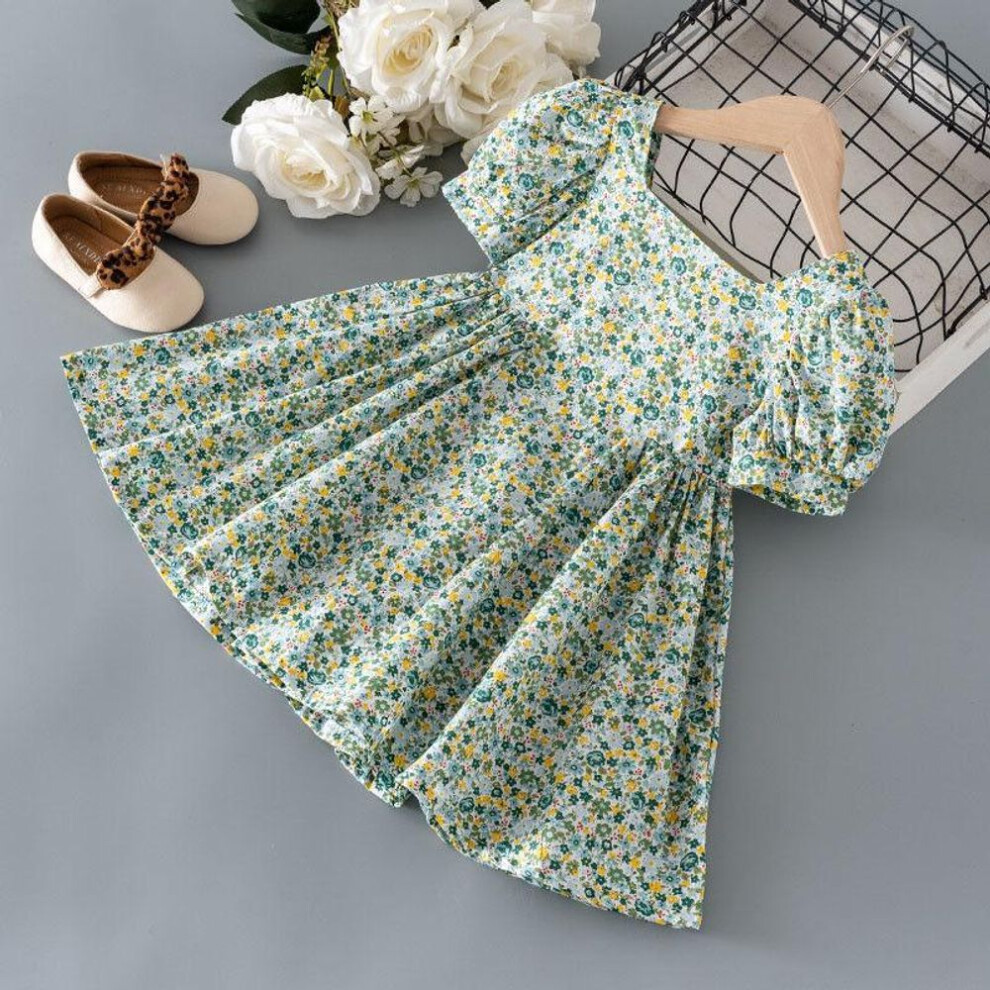 (green, 100) Summer Floral Princess Dress: Short-sleeve Cotton Korean Style For Baby Girls