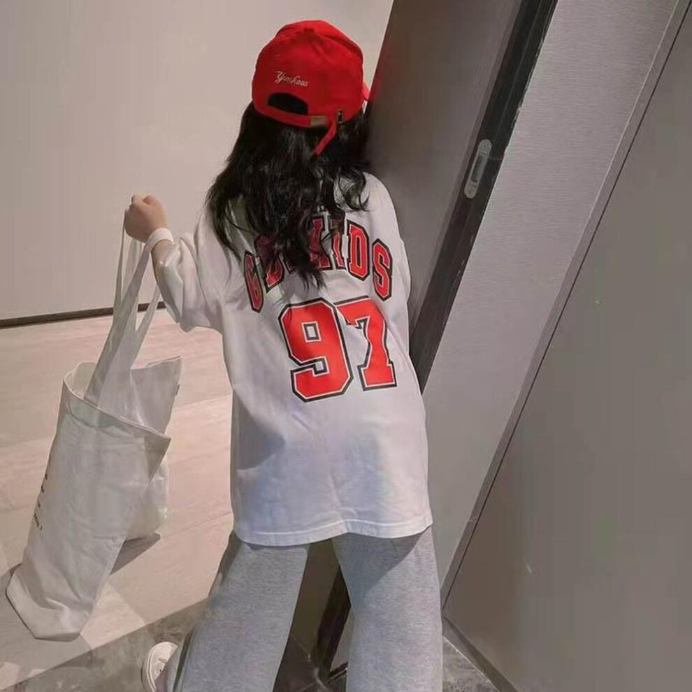 (white, 160 cm) Trendy Girls' Mid-length Summer Dress & Basketball T-shirt Set, Loose Fit, Short-sleeved For Older Kids