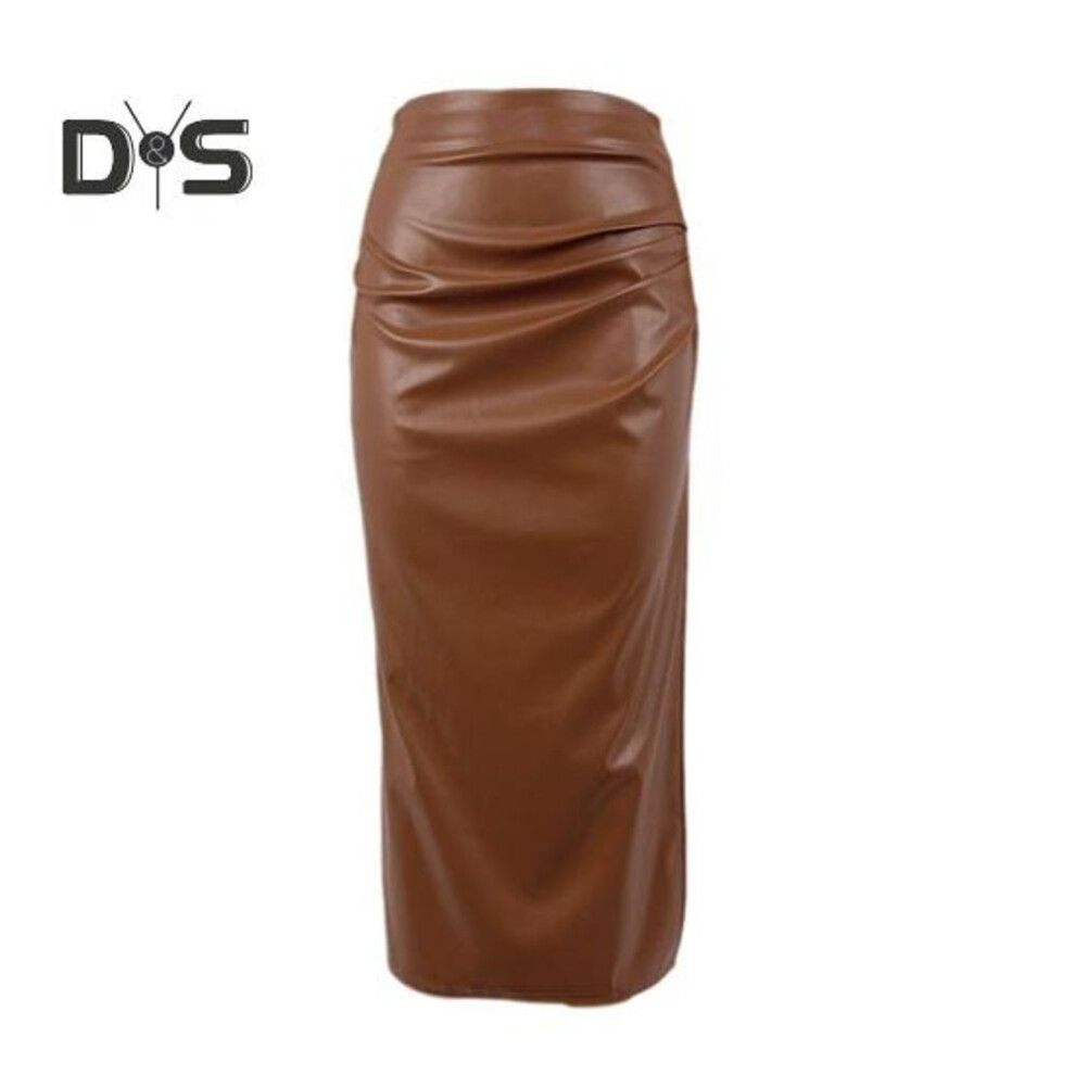 (M, camel) Imitation Leather Midi Skirt Women Versatile Solid Color Hip-hugging Skirt With Slit Pleated Design Daily Wear