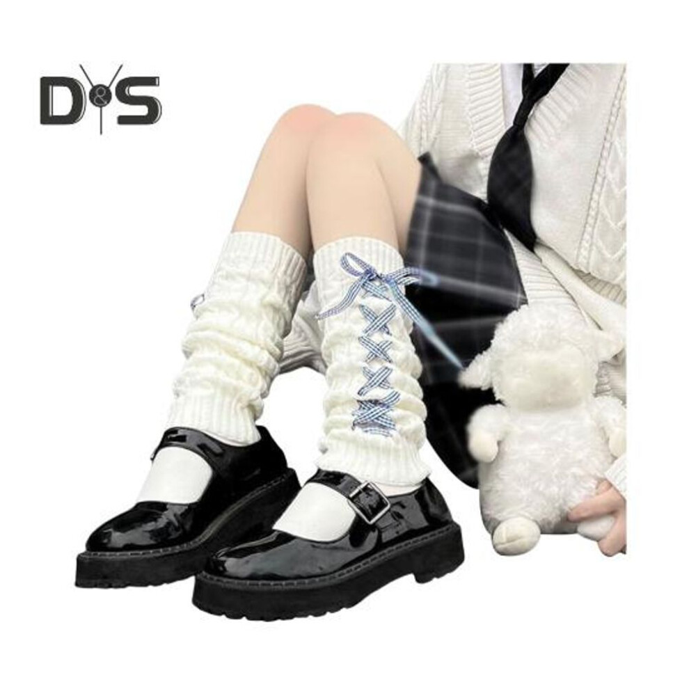 (blue) 1 Pair Winter Calf Covers Knitted Anti-slip Solid Color Lace-up Ribbons Elastic Lolita Style JK Cosplay Performance Daily Wear Sports Outing Leg