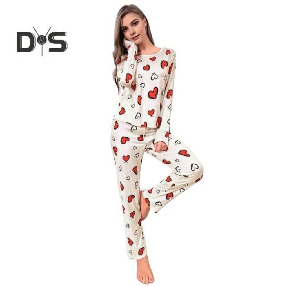 (S, white) 2 Pcs/Set Winter Women Underwear Set Heart Print Round Neck Long Sleeve High Elastic Fall Spring Pajamas Set Homewear Sleepwear Clothing