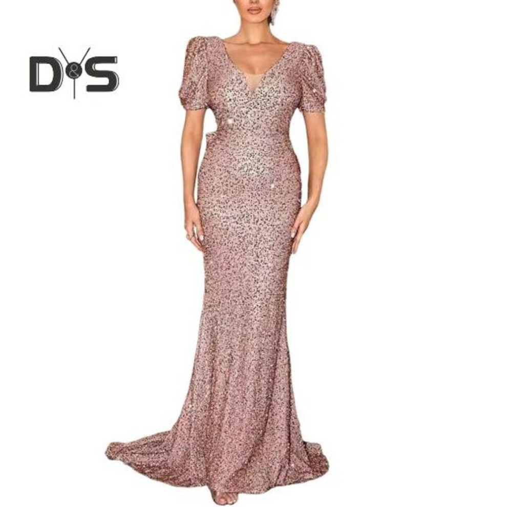 (pink, S) Women Evening Dress Shimmering Sequin Short Bubble Sleeves V Neck Slim Fit Floor Length Big Bow At Back Mid Waist Cocktail Party Wedding Banquet Maxi