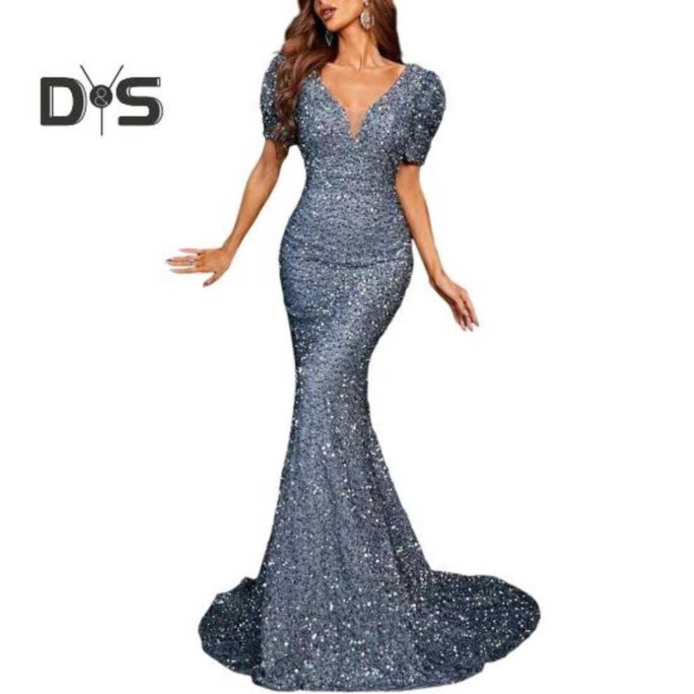 (silver, S) Women Evening Dress Shimmering Sequin Short Bubble Sleeves V Neck Slim Fit Floor Length Big Bow at Back Mid Waist Cocktail Party Wedding Banquet Maxi