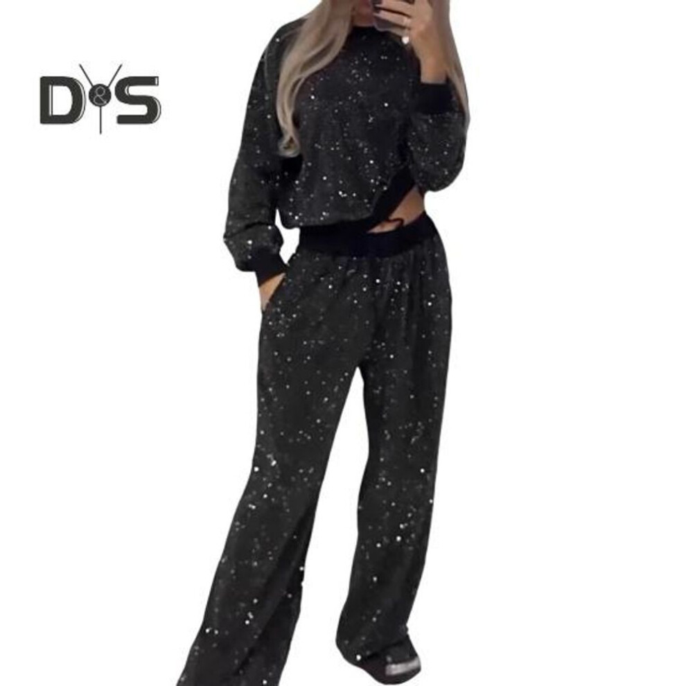 (black, L) 2 Pcs/set Women Top Pants Suit Sequin Round Neck Long Sleeves With Elastic Cuffs Elastic High Waist Wide Leg Trousers Set Daily Casual Commuting