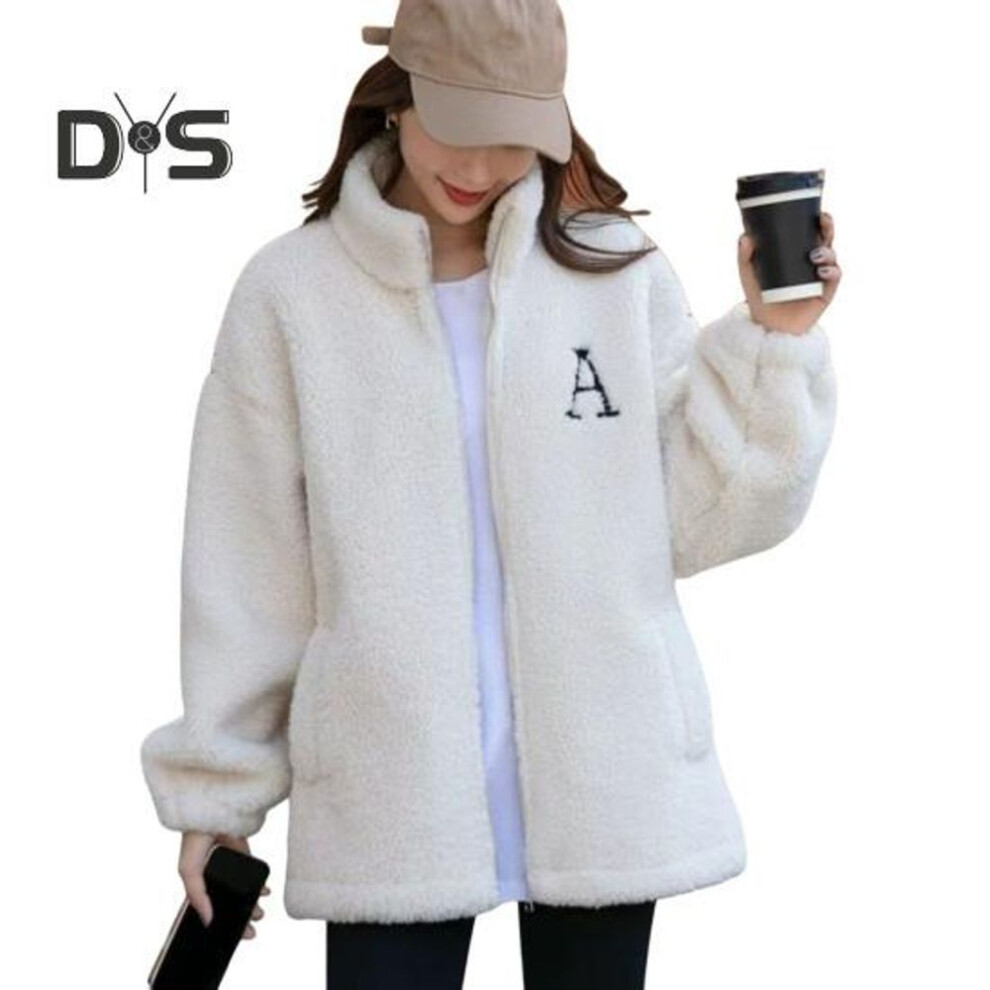 (white, M) Women Winter Coat Zip-up Stand Collar Letter Embroidery With Pockets Thick Plush Loose Solid Color Cardigan Jacket
