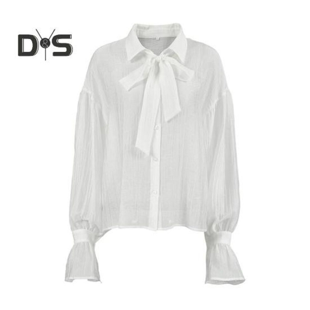 (L, white) Women Shirt Lapel Bow Tie Collar Flared Long Sleeve Single Breasted Shirt Tops See-through Solid Color Loose Fit Female Casual Shirt