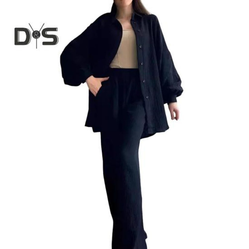 (dark blue, 2XL) 2 Pcs/Set Women Shirt Pants Set Turn-down Collar Single-breasted Long Sleeves Loose Top Elastic Waist Wide Leg Trousers Sport Tracksuit