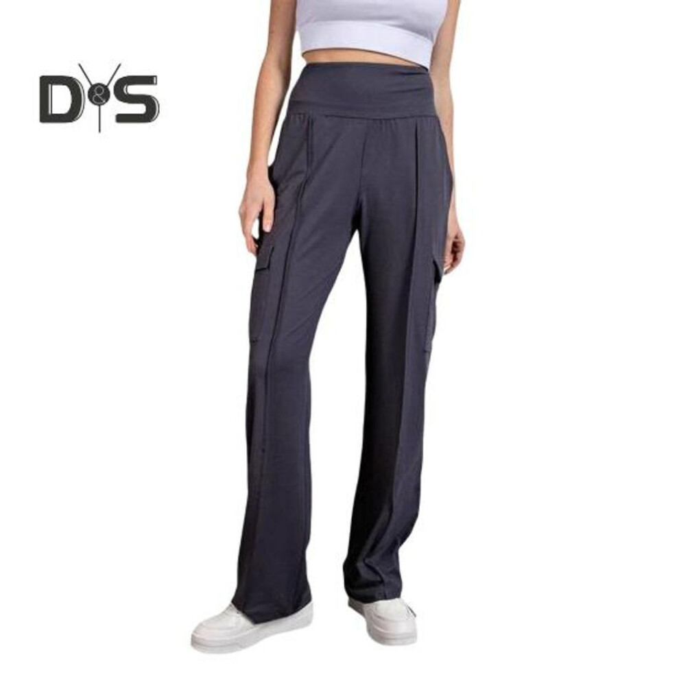 (navy blue, L) Women Sport Pants High Waist Straight Wide Leg Long Trousers with Pockets Solid Color Breathable Comfortable Casual Trousers