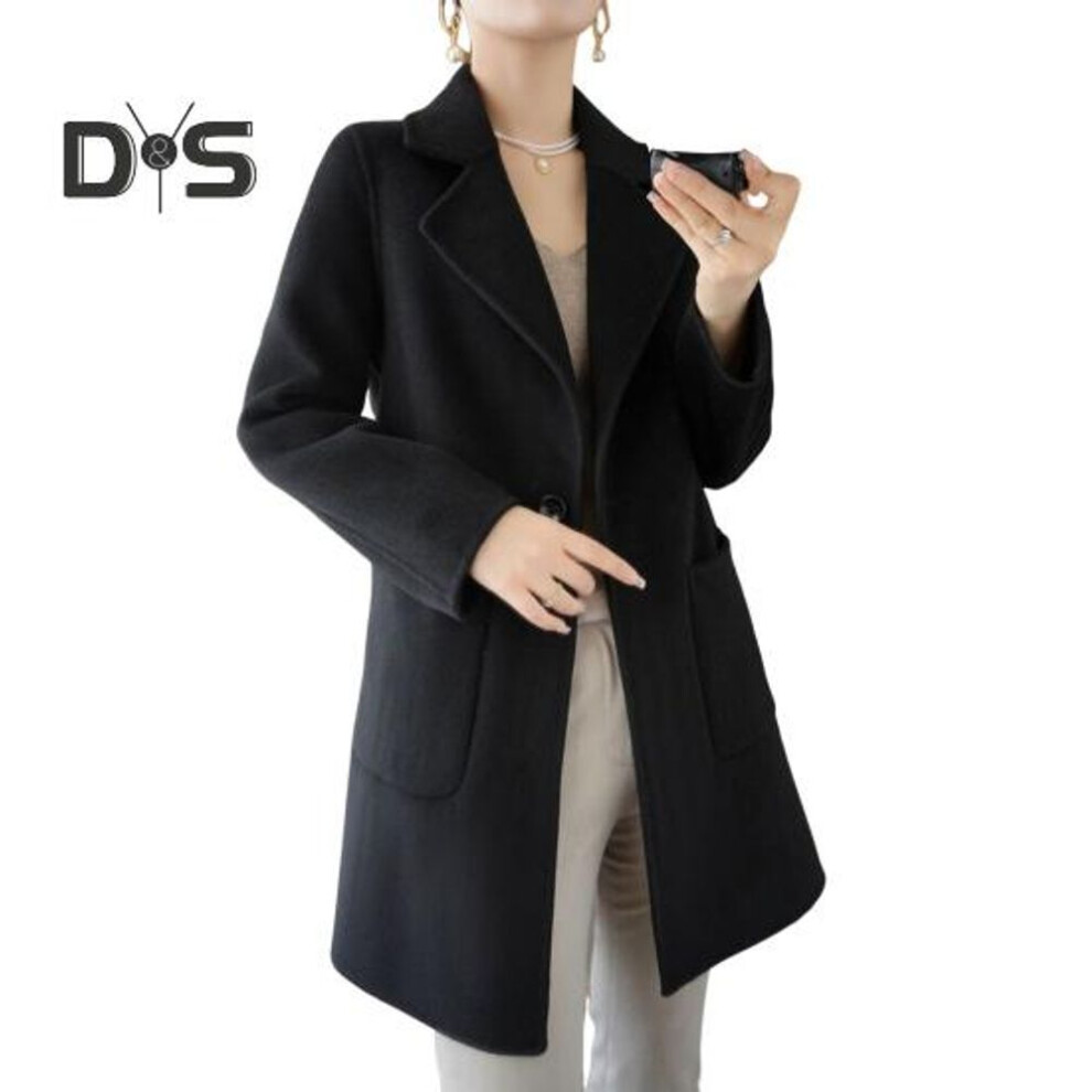 (black, 2XL) Women Jacket with Dual Pockets Lapel Solid Color Single Button Woolen Coat Plus Size Loose Thermal Long Sleeved Commuting Dating Spring Fall Winter