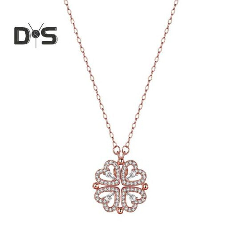 (rose gold) 2 in 1 Four Leaf Clover Pendant Necklace Convertible Heart Shaped Cubic Zirconia Charm Jewelry for Women Valentine's Day Gift