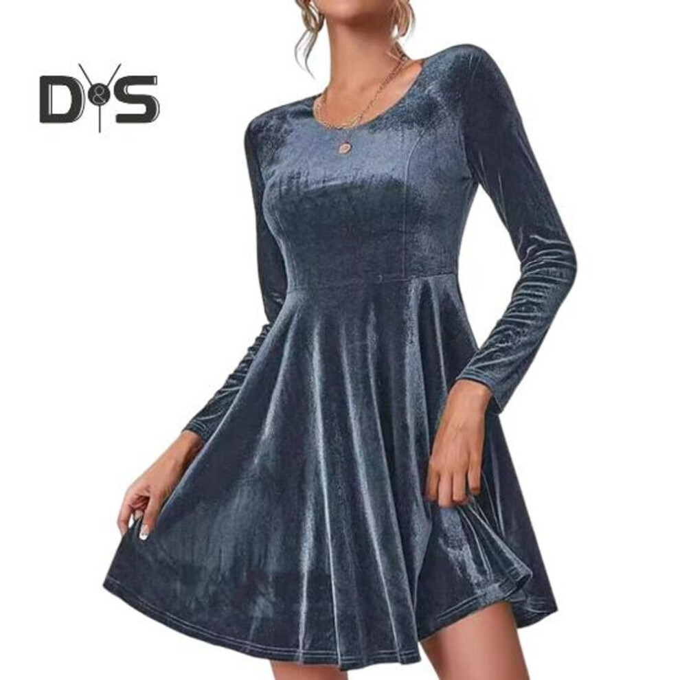 (blue, M) Women Fall Spring Dress O Neck A-line Big Swing Solid Color Long Sleeves Velvet Fabric Above Knee Length Short Dress For Dating Prom Parties