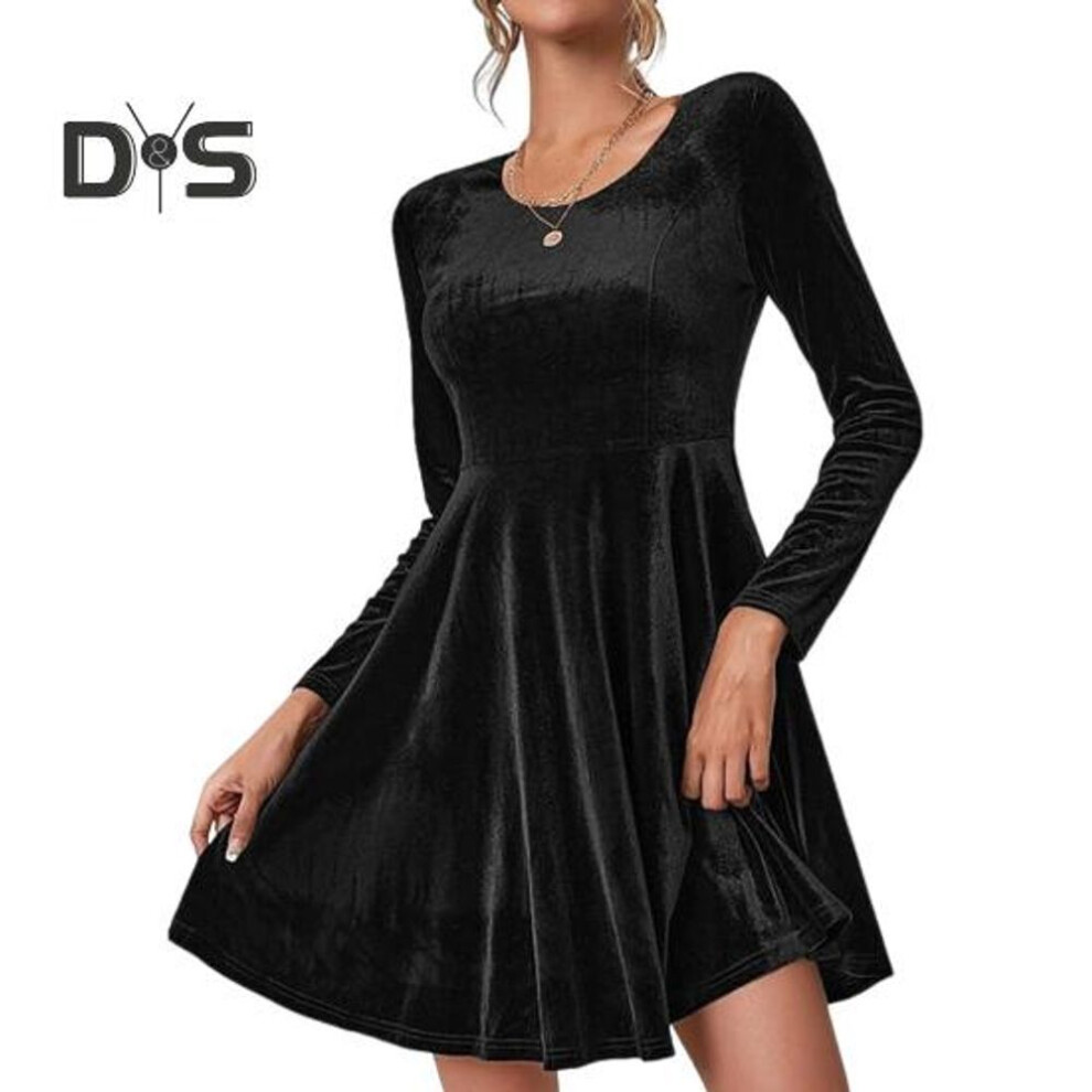 (black, 2XL) Women Fall Spring Dress O Neck A-line Big Swing Solid Color Long Sleeves Velvet Fabric Above Knee Length Short Dress For Dating Prom Parties