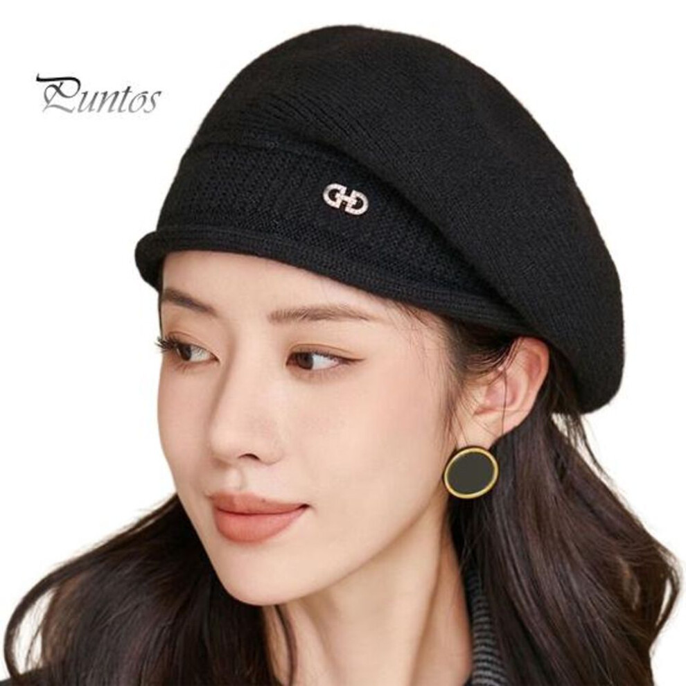 (black) Ladies Winter Pile Hat Baggy Knitted Solid Color Elastic Retro Style Women Cap Anti-slip Warm Beret for Outdoor Activities Daily Wear