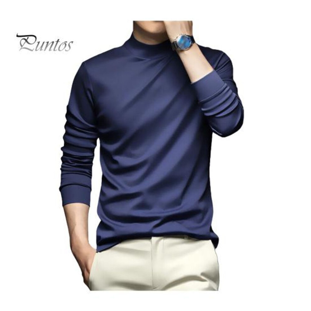 (blue, XXL) Spring Autumn Men Top Neck Protecting Half-high Collar Slim Fit Stretchy Long Sleeves Pullover Basic Sweatshirt for Home Sports Gym Street Wear