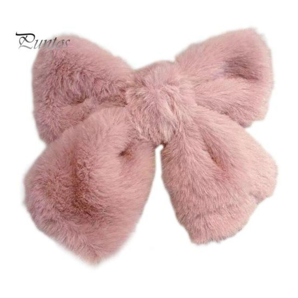 (pink) Girl Large Bow Hairpin Solid Color Plush Texture Hair Clip Autumn Winter Style Hair Accessory Daily Wear