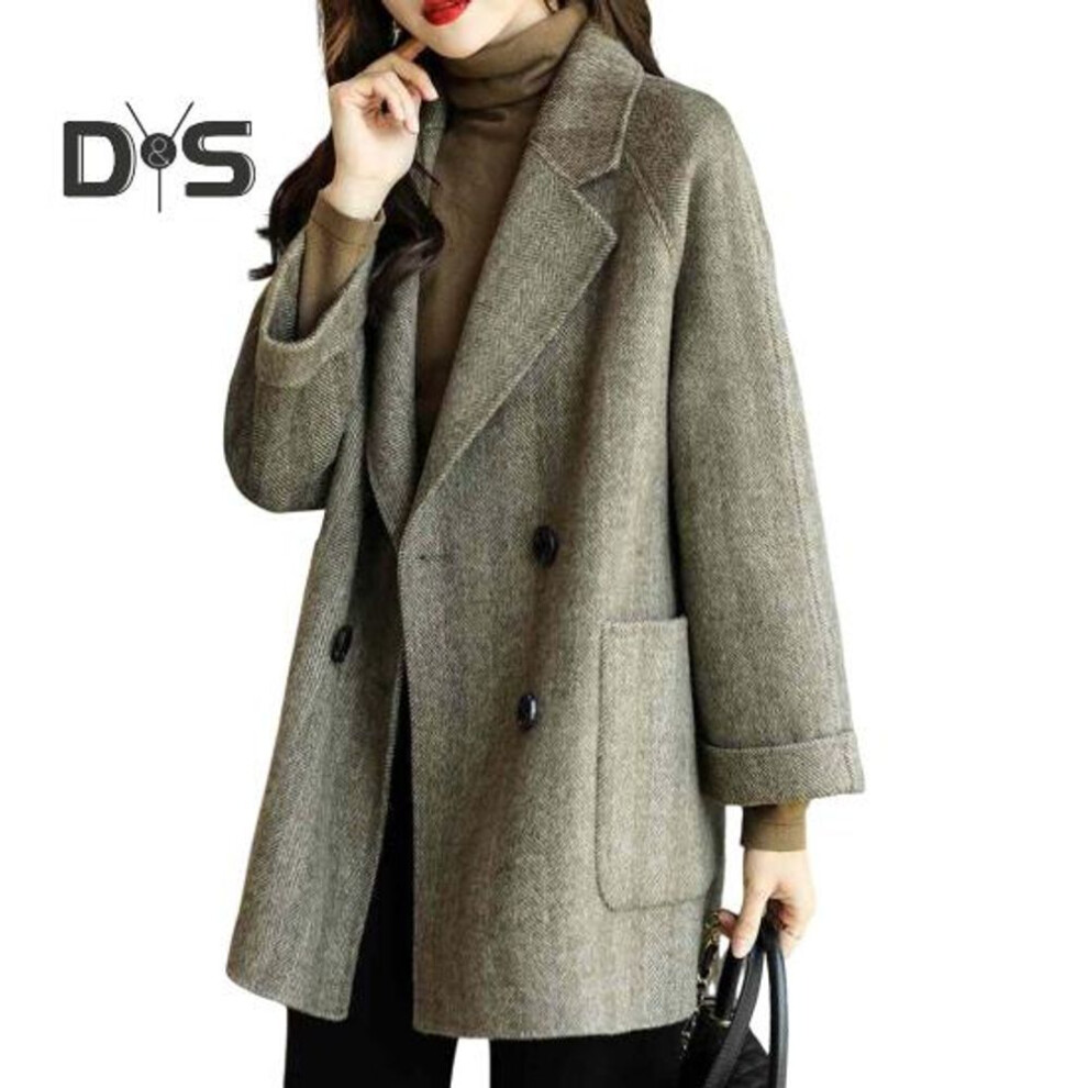 (brown, 2XL) Women Winter Woolen Coat Formal Business Style Turn-down Collar Double-breasted Mid Length Overcoat OL Commuting Jacket Solid Color Thick Outerwear