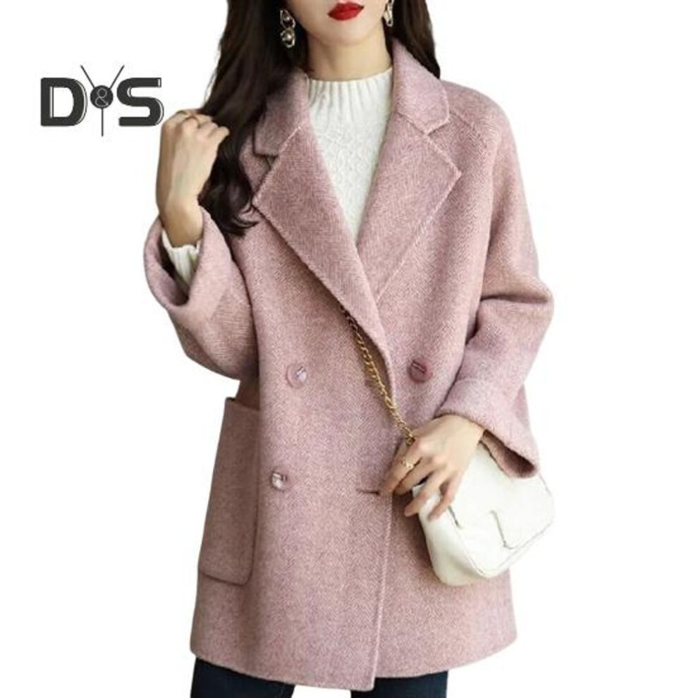 (pink, 2XL) Women Winter Woolen Coat Formal Business Style Turn-down Collar Double-breasted Mid Length Overcoat OL Commuting Jacket Solid Color Thick Outerwear