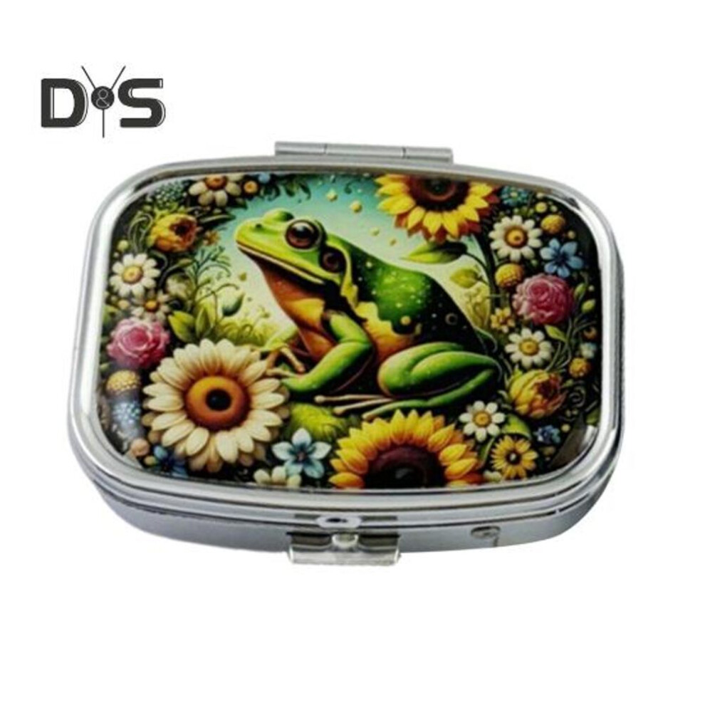 (as the picture, Frog) Pill Box with Hinged Lid 2 Compartments Tablet Holder Portable Jewelry Case with Mirror for Purse Pocket Travel Use