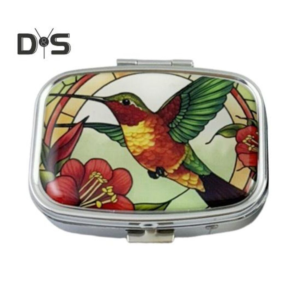 (as the picture, Bird) Pill Box with Hinged Lid 2 Compartments Tablet Holder Portable Jewelry Case with Mirror for Purse Pocket Travel Use