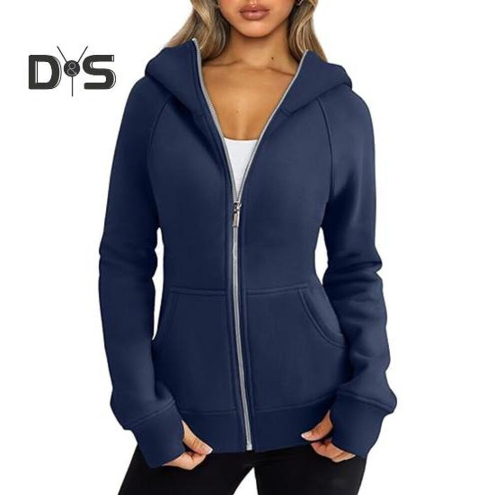 (M, navy blue) Lady Hoodie Jacket Plush-lined Solid Color Zipper Closure with Pockets Elastic Cuffs And Hem Long Sleeves Cardigan Casual Daily Coat