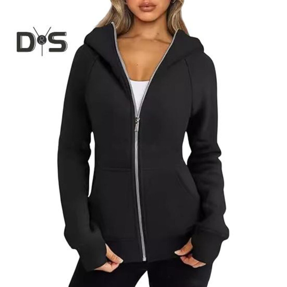 (XL, black) Lady Hoodie Jacket Plush-lined Solid Color Zipper Closure with Pockets Elastic Cuffs And Hem Long Sleeves Cardigan Casual Daily Coat