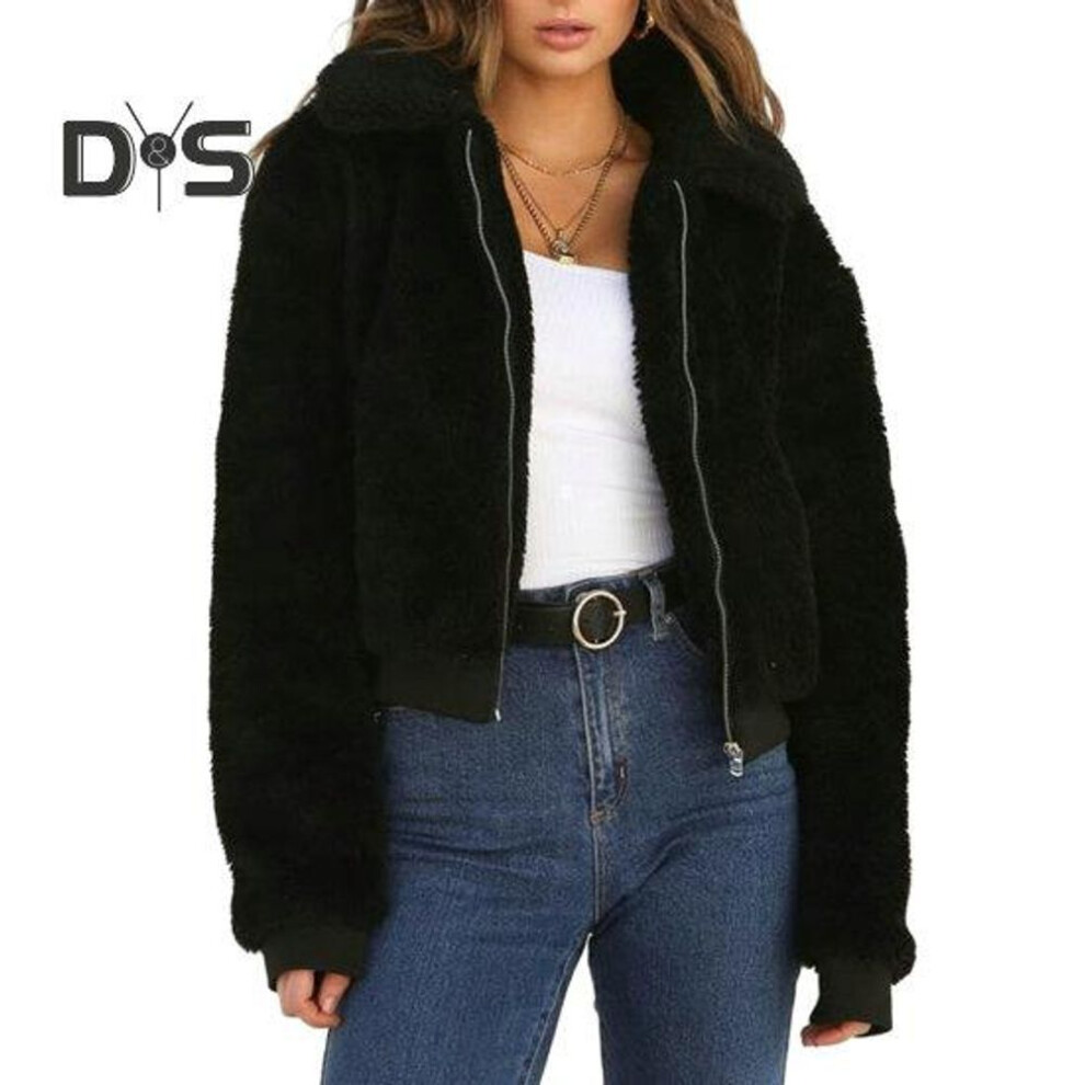 (black, 2XL) Women Winter Coat Thick Plush Solid Color Long Sleeve Zip Up Soft Warm Pockets Lapel Casual Elastic Cuff Outdoor Short Jacket