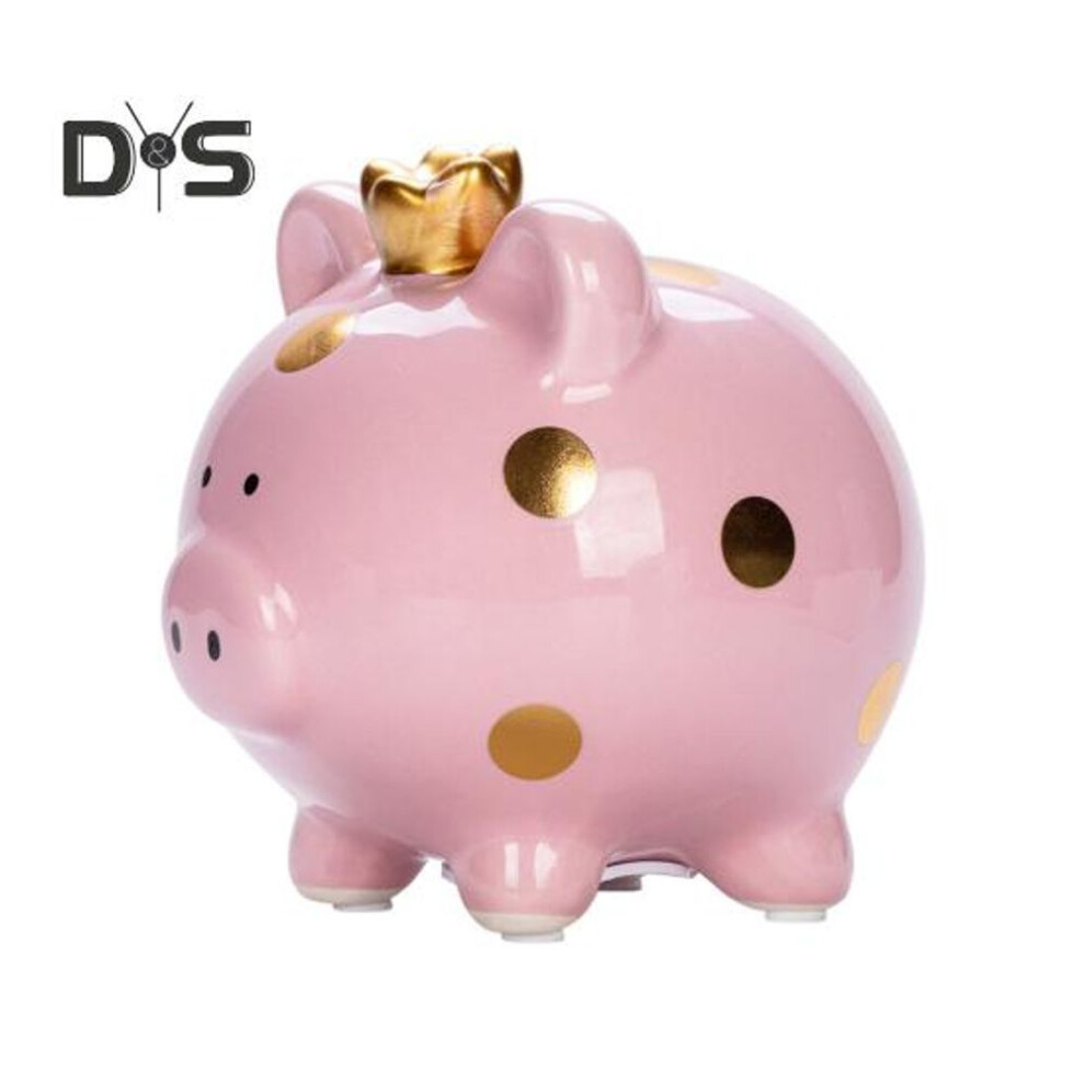 (pink) Ceramic Crown Pig Piggy Bank Golden Dot Cartoon Pig Coin Money Bank Home Office Bookshelf Desktop Decoration Ornament Kids Adults Gift