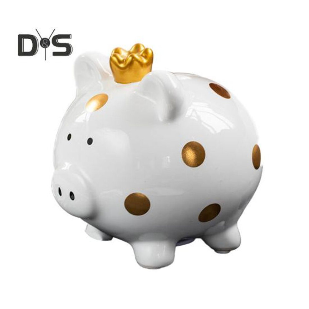 (white) Ceramic Crown Pig Piggy Bank Golden Dot Cartoon Pig Coin Money Bank Home Office Bookshelf Desktop Decoration Ornament Kids Adults Gift