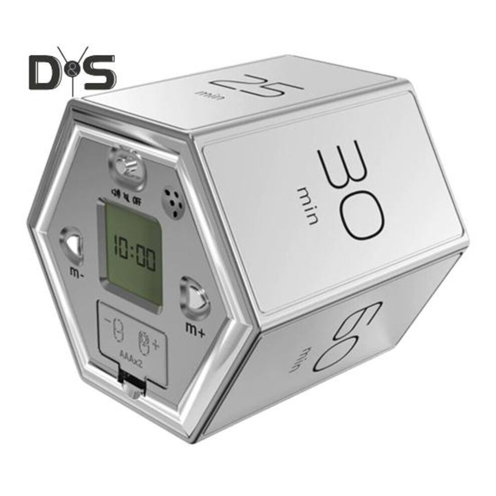 (silver) Rotating Pomodoro Timer 5-60 Mins LED Display Slide Switch Hexagon Desk Flipped Productivity Timer Vibration Mute Alarm for Work Study Kitchen