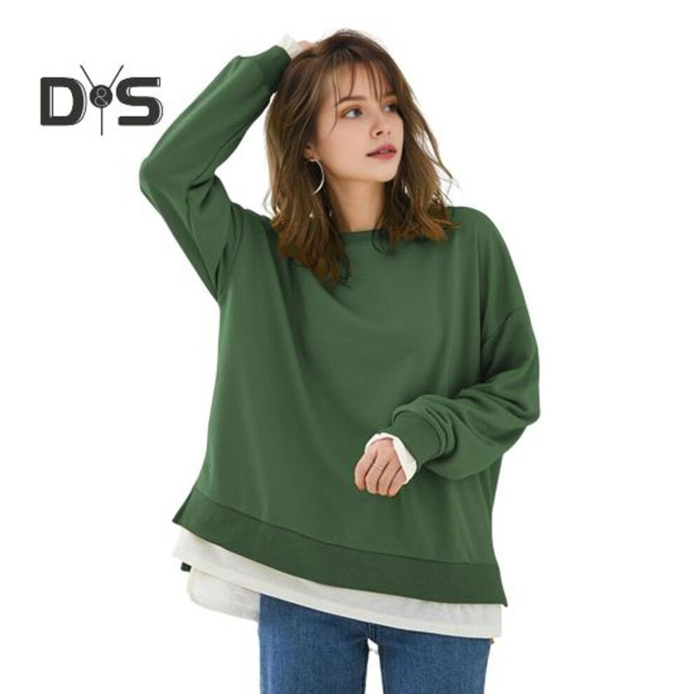 (M, green) Women Sweatshirt Round Neck Long Sleeve Solid Color Loose Fit Pullover Tops Fake Two Pieces Side Slit Design Casual Sport Tops