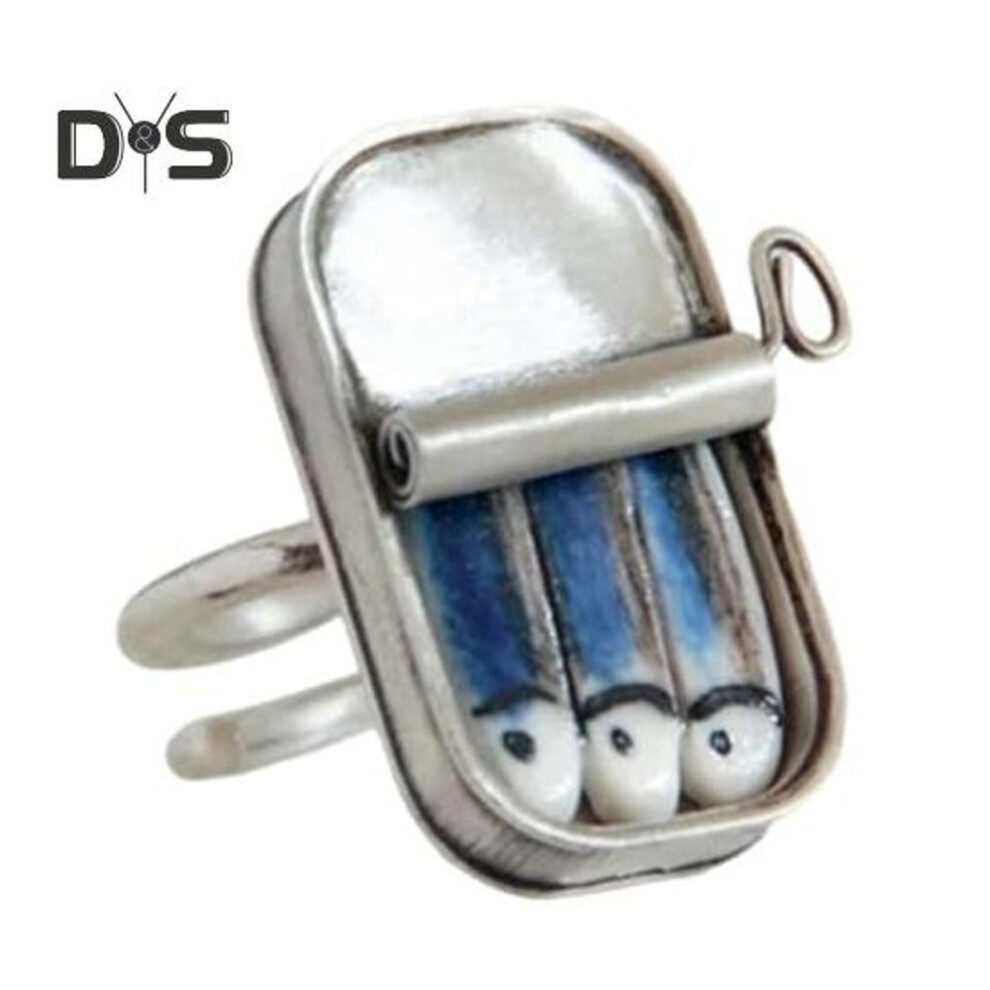 (silver, A) Canned Sardines Ring Adjustable Circumference Sardine Can Necklace Pendant Vintage Jewelry Hand-painted Tin Ring