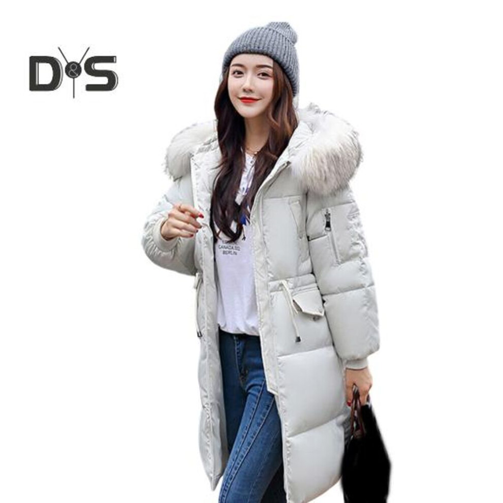 (white, XXL) Women Winter Jacket with Furry Hood Thickened Padded Down Coat Drawstring Waist Zipper Closure Mid Length Windproof Cold Weather Cotton Coat