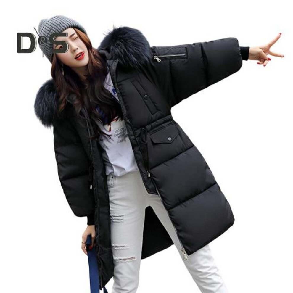 (black, XL) Women Winter Jacket with Furry Hood Thickened Padded Down Coat Drawstring Waist Zipper Closure Mid Length Windproof Cold Weather Cotton Coat