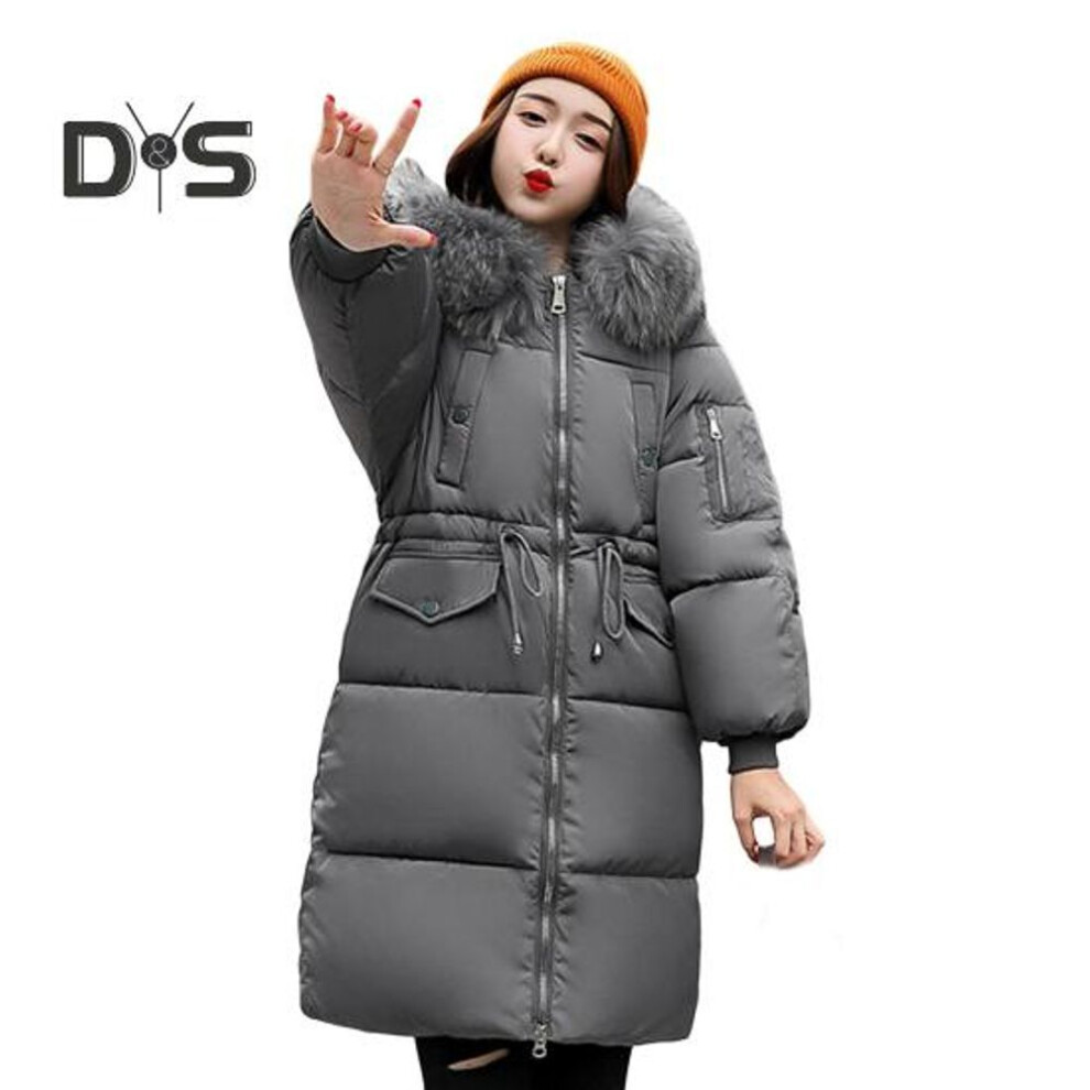 (dark gray, XL) Women Winter Jacket with Furry Hood Thickened Padded Down Coat Drawstring Waist Zipper Closure Mid Length Windproof Cold Weather Cotton Coat