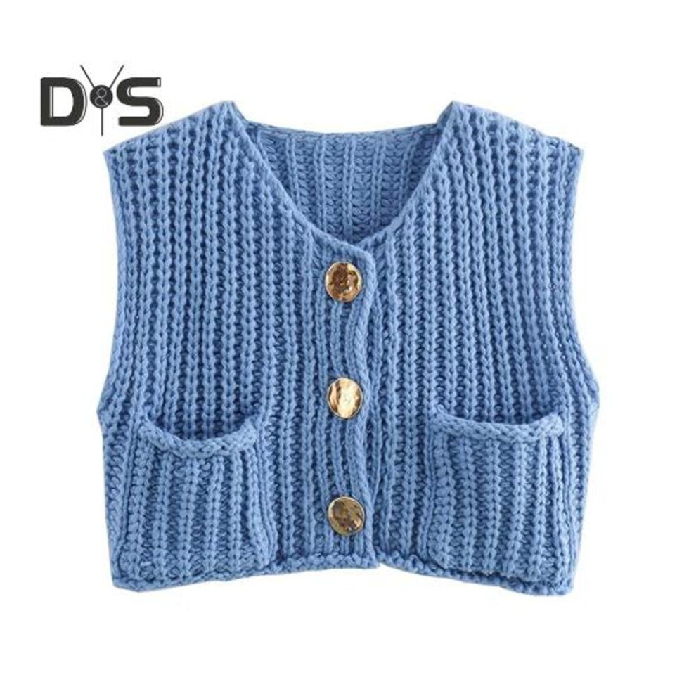 (blue, XL) Women Sweater Vest V-neck Sleeveless Button Down Cardigan With Pockets Solid Color Loose Fit Crochet Knit Tops