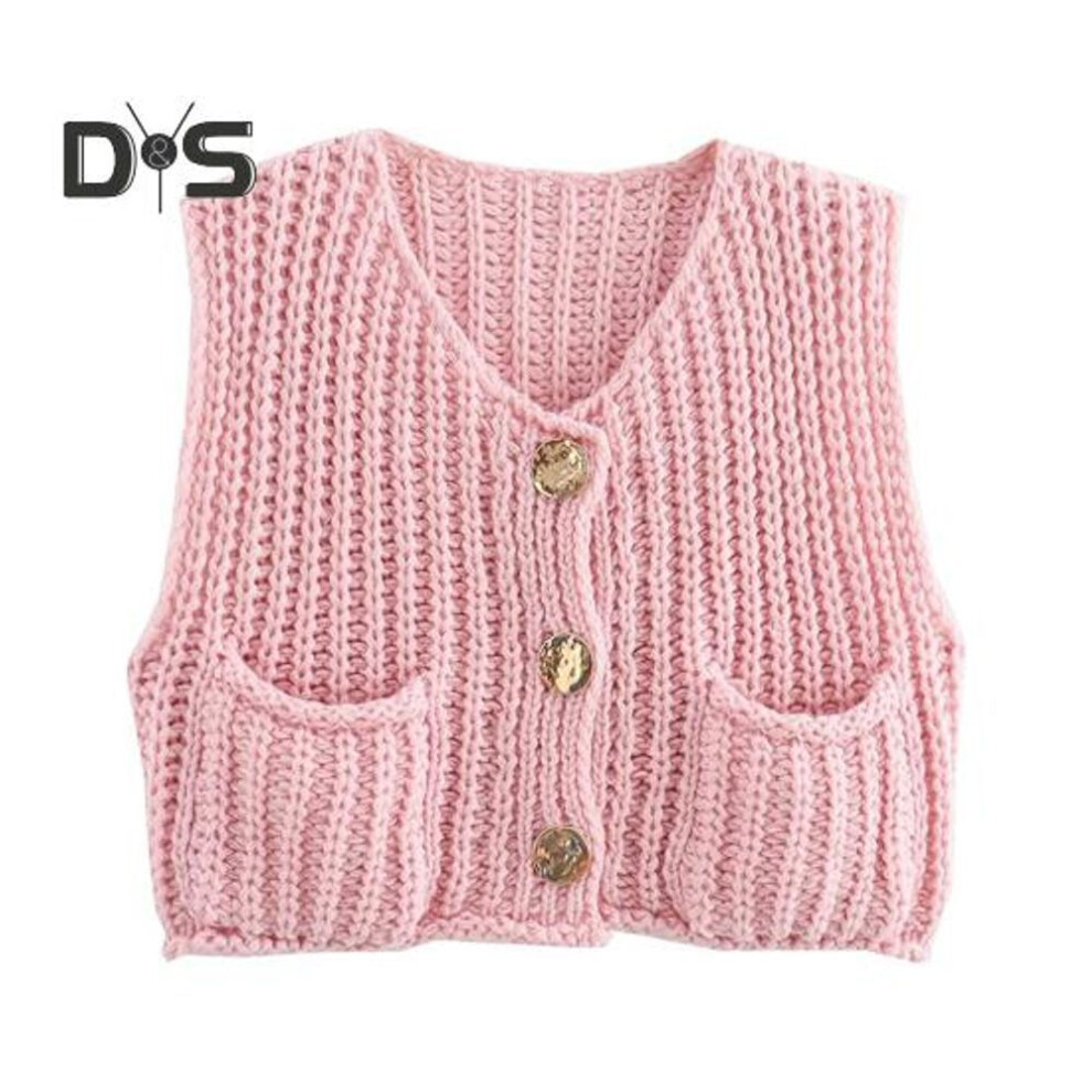 (pink, L) Women Sweater Vest V-neck Sleeveless Button Down Cardigan with Pockets Solid Color Loose Fit Crochet Knit Tops