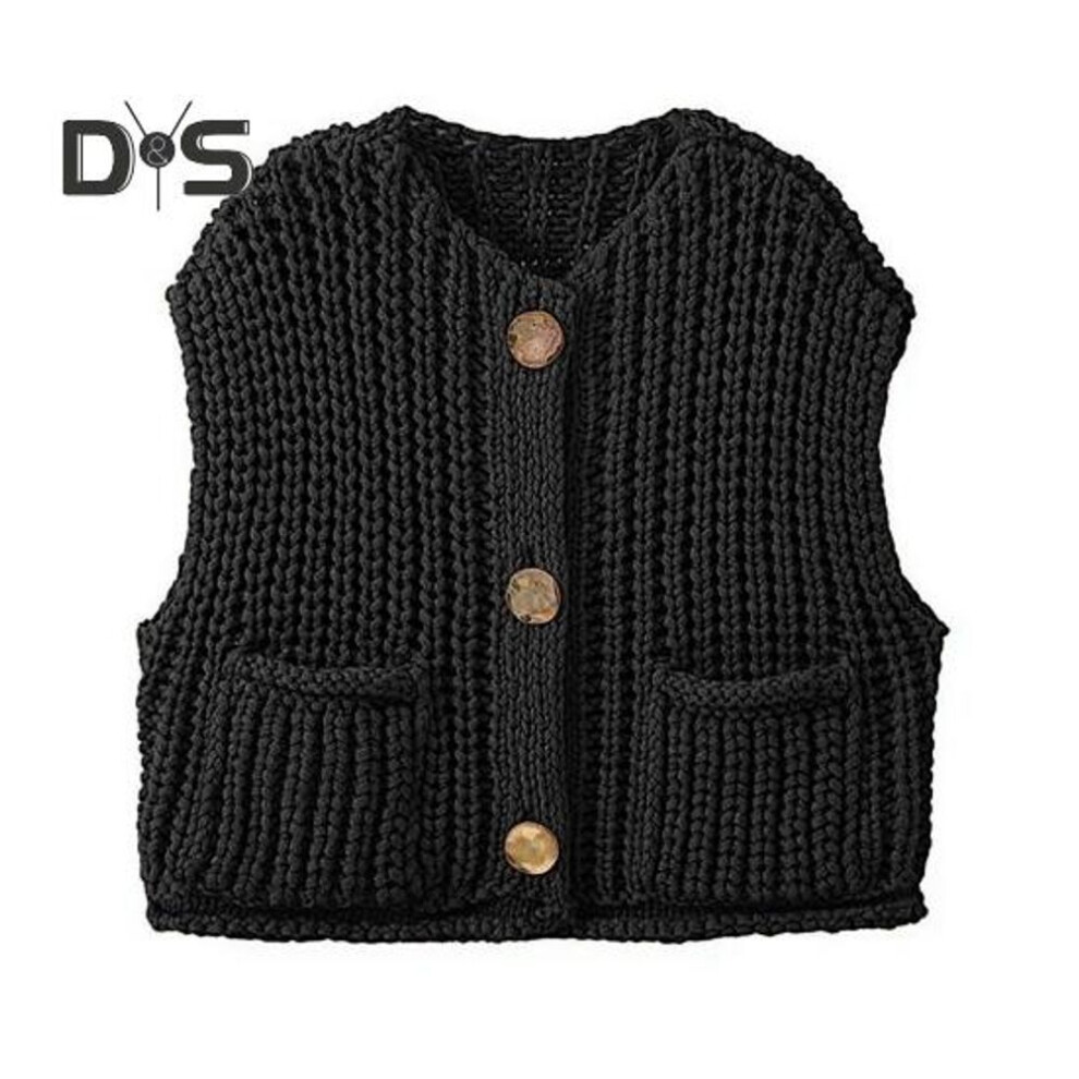 (black, S) Women Sweater Vest V-neck Sleeveless Button Down Cardigan with Pockets Solid Color Loose Fit Crochet Knit Tops