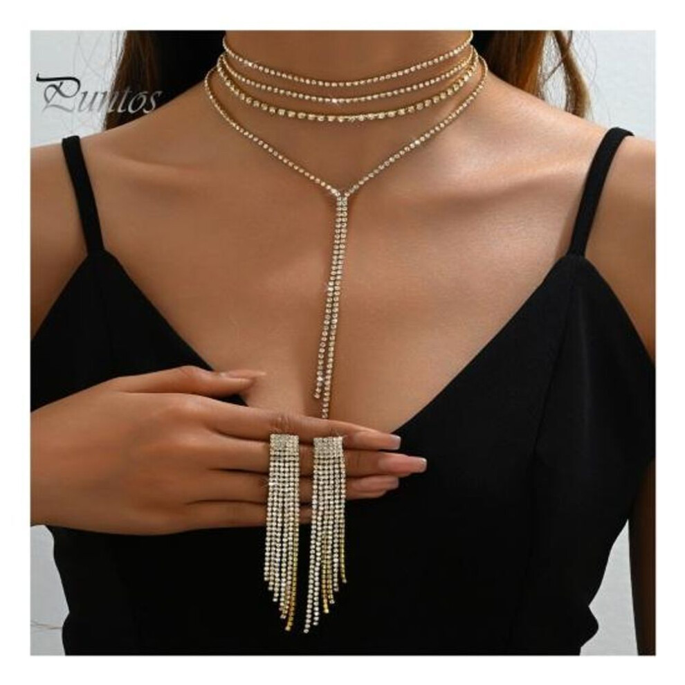 (golden) 2 Pcs/set Women Necklace Earrings Set For Formal Banquet And Prom Multi-layered Tassel Rhinestone Adjustable Chain Wedding Bride Star Celebrity