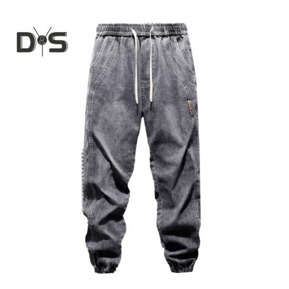 (black gray, XXXL) Harem Jeans with Leg Bindings Pockets Elastic Waist Adjustable Drawstrings Men Jeans Solid Color Street Style Jogger Pants