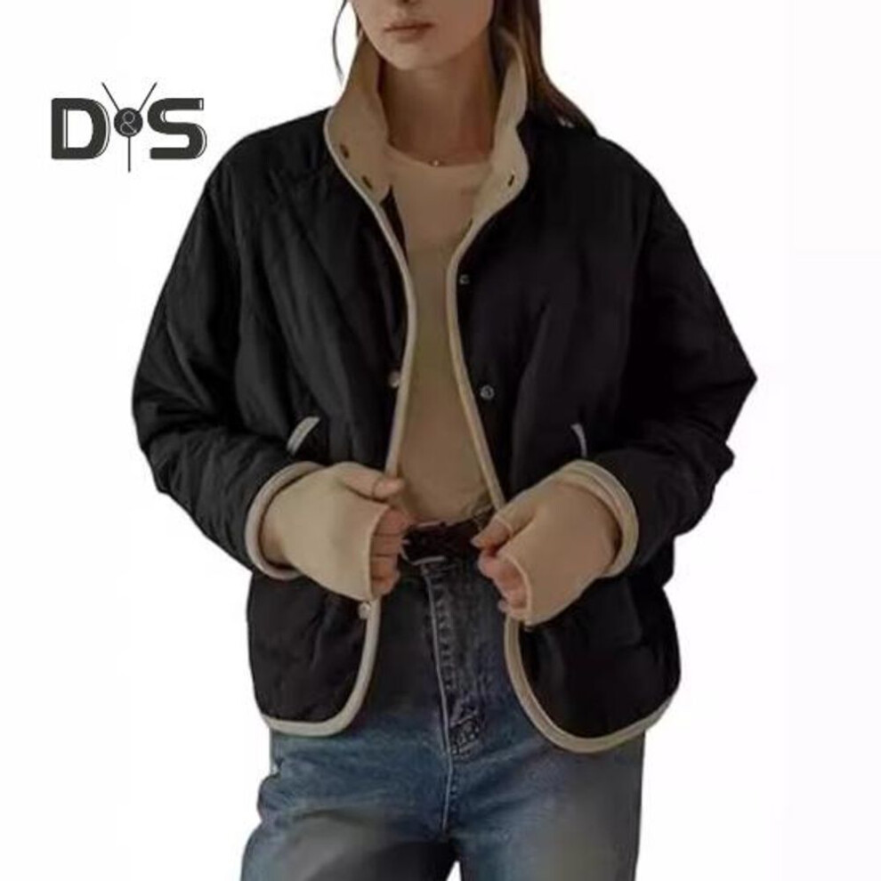 (black, XL) Women Fall Winter Coat Press Button Closure High Collar Thin Padded Long Sleeves Cardigan Jacket With Pockets Daily Wear Outdoor Work Outerwear