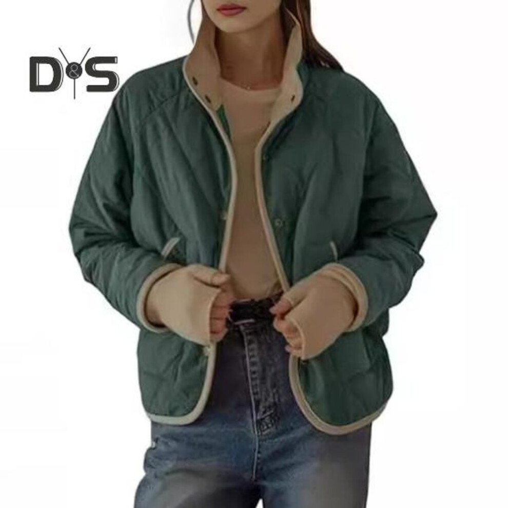 (blue, M) Women Fall Winter Coat Press Button Closure High Collar Thin Padded Long Sleeves Cardigan Jacket with Pockets Daily Wear Outdoor Work Outerwear