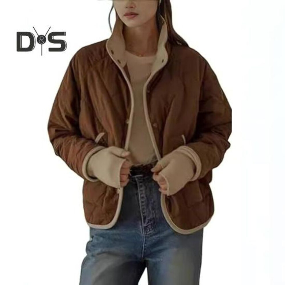 (coffee, XL) Women Fall Winter Coat Press Button Closure High Collar Thin Padded Long Sleeves Cardigan Jacket with Pockets Daily Wear Outdoor Work Outerwear