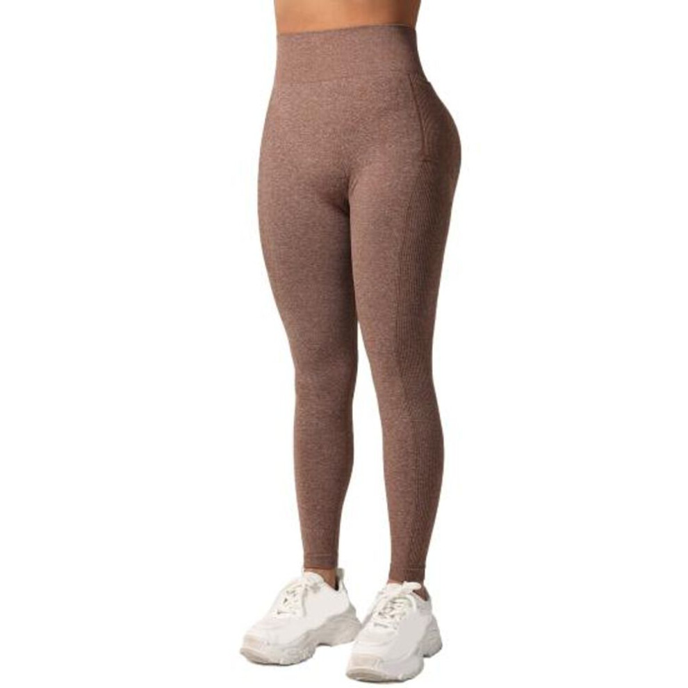 (brown, M) Women Yoga Pants High Waist Solid Color Ribbed Leggings With Side Pocket 3D Engineering Style Gym Trousers