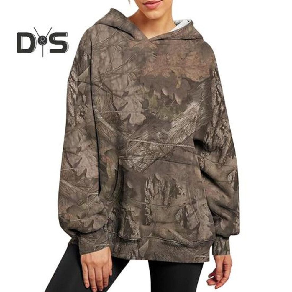 (M H, as the picture) Women Hoodie with Big Front Pocket Camouflage Maple Leaf Print Oversized Hooded Sport Top Casual Style Outdoor Travel Sport Clothes