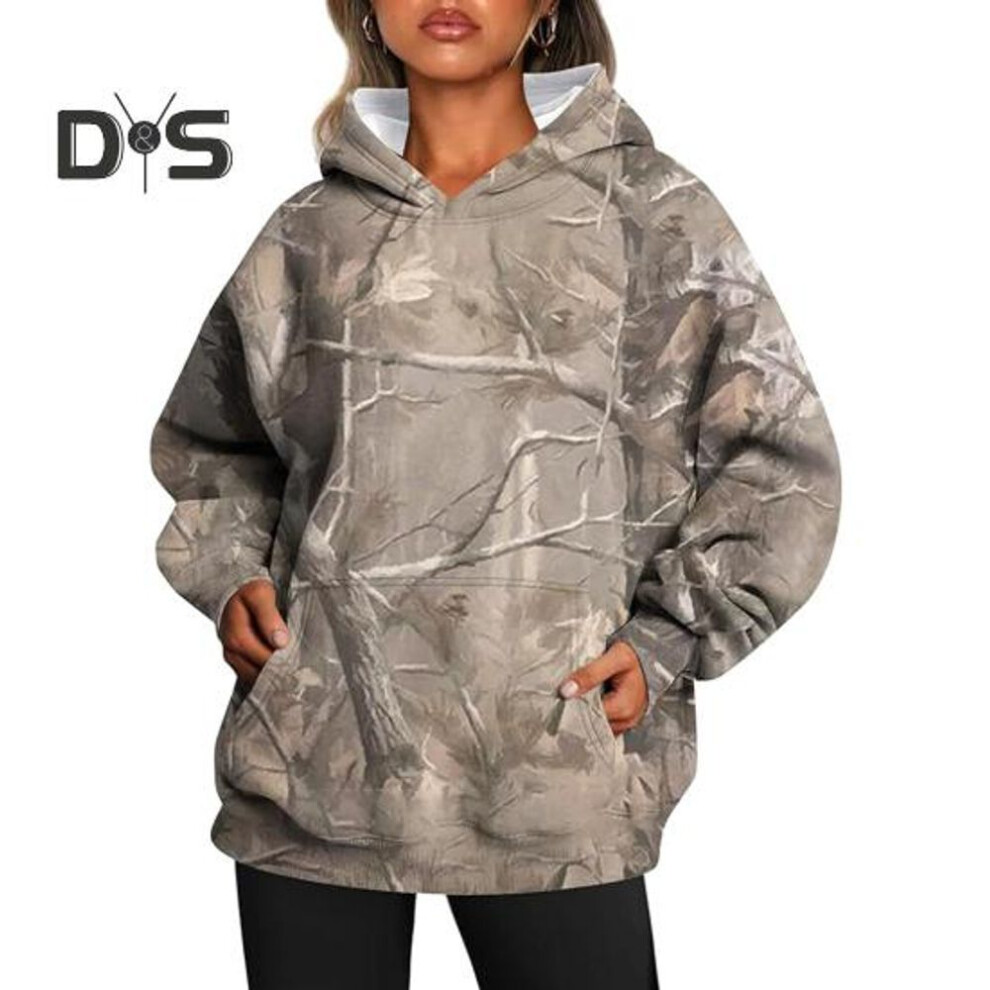 (M F, as the picture) Women Hoodie with Big Front Pocket Camouflage Maple Leaf Print Oversized Hooded Sport Top Casual Style Outdoor Travel Sport Clothes
