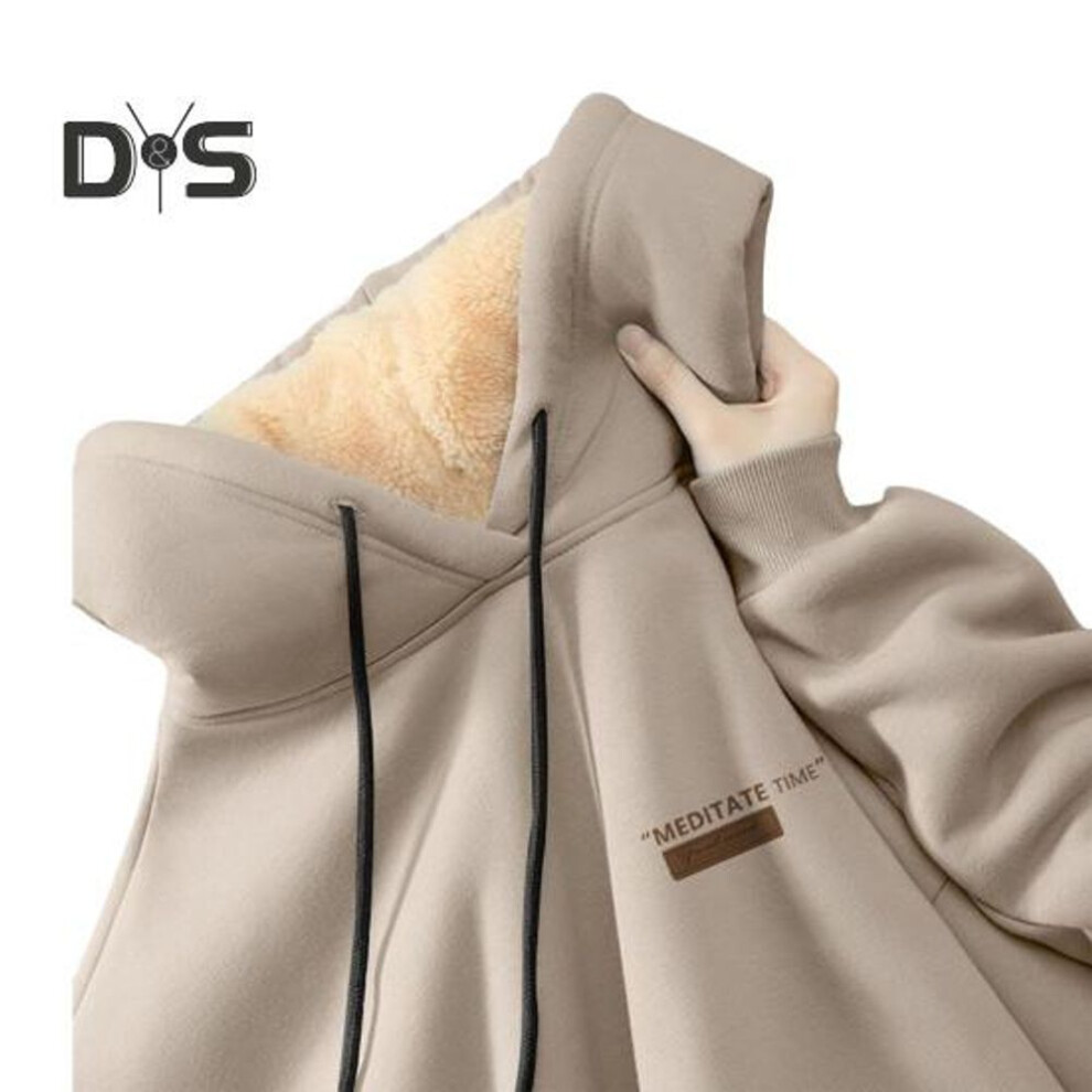 (khaki, M) Couple Winter Hoodie Fleece Lined Thermal Insulation Hooded Pure Color Drawstring With Elastic Cuffs Women Men Fall Winter Top