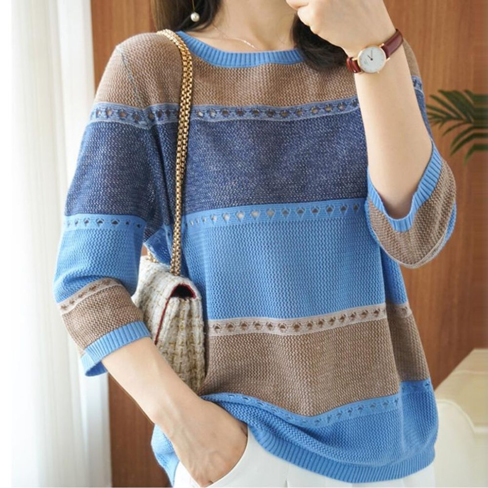 (XL, blue) Female Hollow Out Turtleneck Pullover Ladies Knit Cotton Loose Jumpers Summer Women Knitted Short Sleeve Thin Sweater