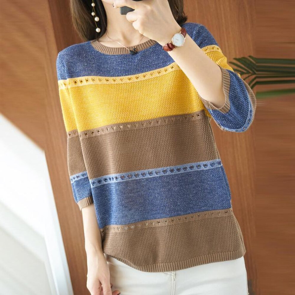 (S, yellow) Female Hollow Out Turtleneck Pullover Ladies Knit Cotton Loose Jumpers Summer Women Knitted Short Sleeve Thin Sweater