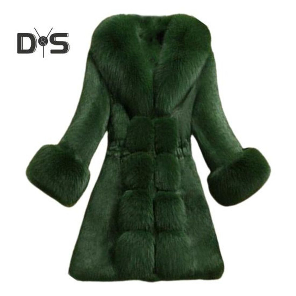 (green, 4XL) Mid-aged Women Coat Fuzzy Faux Fur Slim Fit V Neck Celebrity Prom Banquet Overcoat Elastic Waist Mid Length Cold-proof Winter Outerwear